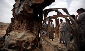 A car destroyed by a drone strike targeting suspected al-Qaida militants in the province of Shabwa, Yemen. Photograph: Khaled Abdullah/Reuters